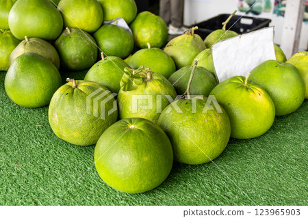 Popular organically grown pomelo fruits for sale being displayed in retail stall in Tambun, Perak, Malaysia Popular organically grown pomelo fruits for sale being displayed in retail stall in Tambun, Perak, Malaysia 123965903