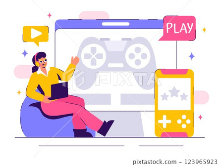 Vector Illustration of a Professional Cute Gamer Streaming Online While Playing Video Games on a Live Platform in a Stylish Background Vector Illustration of a Professional Cute Gamer Streaming Online While Playing Video Games on a Live Platform in a Stylish Background 123965923
