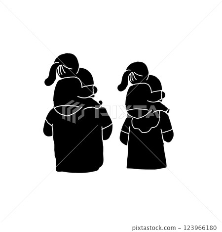 Vector illustration icon of two daughters being carried on the shoulders of their father and mother 123966180
