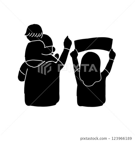 向量插圖：父親和兒子站在肩上，母親舉著牌子支持他們最喜歡的藝術家 123966189