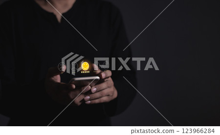 Young Man hand touching emoji and five star to review and give 5 stars Young Man hand touching emoji and five star to review and give 5 stars 123966284