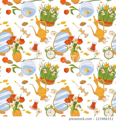 Seamless pattern for the spring equinox holiday Novruz in Azerbaijan and Iran. Background with Persian New Year symbols. Mirror, green wheat sprouts, fish, sweets, candle, tea, gold coins, flowers. 123966331