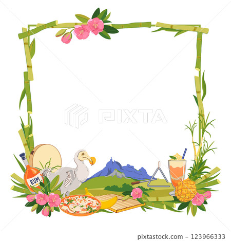 Frame. Landmarks of Mauritius island in flat style. Vector sugar cane, Mount Peter, endemic bird Dodo, flowers Trochetia boutoniana, pineapple, falooda, millionaire's salad, musical instruments Sega. Frame. Landmarks of Mauritius island in flat style. Vector sugar cane, Mount Peter, endemic bird Dodo, flowers Trochetia boutoniana, pineapple, falooda, millionaire's salad, musical instruments Sega. 123966333