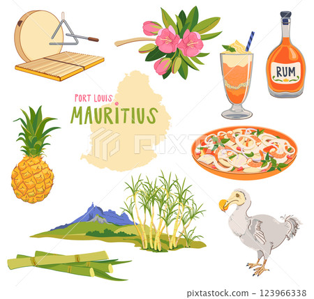 Mauritius map, landmarks of the island in flat style. Vector sugar cane, Peter mountain, endemic Dodo bird, trochetia boutoniana flowers, pineapple, falooda, millionaire salad, Sega music instruments. Mauritius map, landmarks of the island in flat style. Vector sugar cane, Peter mountain, endemic Dodo bird, trochetia boutoniana flowers, pineapple, falooda, millionaire salad, Sega music instruments. 123966338