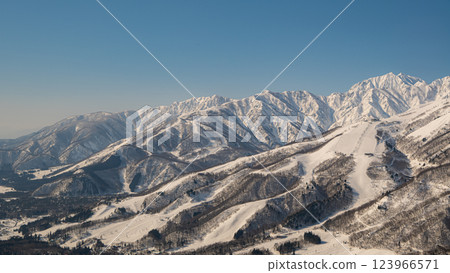 Ski resort and the Northern Alps mountain range, Hakuba Village, Nagano Prefecture Ski resort and the Northern Alps mountain range, Hakuba Village, Nagano Prefecture 123966571