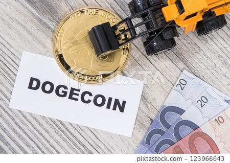 Dogecoin, miniature excavator and euro bills 123966643