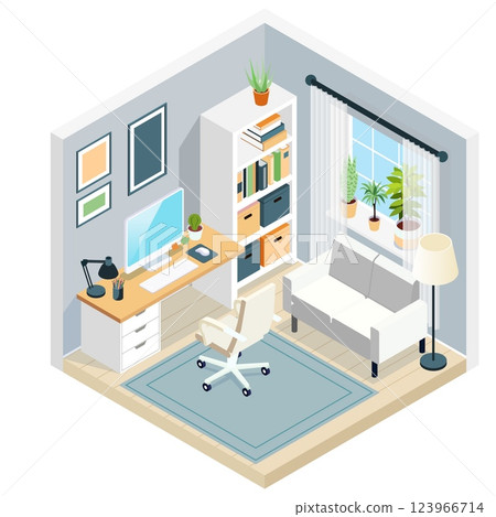 Modern home office interior with computer desk ergonomic chair bookshelf sofa indoor plants floor lamp and window with curtains cozy workspace design for remote work study and productivity 123966714