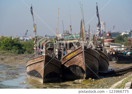 Old fishing boats in Chittagong, Bangladesh 123966775