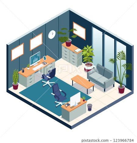 Modern Isometric Office Interior with Desks Computers Chairs Sofa Plants and Large Windows in Stylish Workspace Design 123966784