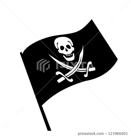 Waving Pirate Flag with Skull and Crossed Swords Black Jolly Roger Symbol of Maritime Pirates Classic Nautical Emblem Representing Danger Adventure and Rebellion in Traditional Black and White Design 123966801