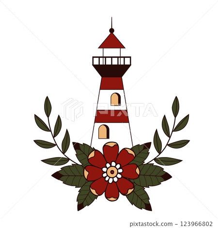 Vintage Nautical Lighthouse with Red and White Stripes Surrounded by Floral Elements and Green Leaves in Traditional Folk Art Style 123966802