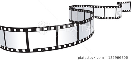 Wavy Film Strip Frame Isolated on White Background, Blank Curled Movie Reel Border for Video Editing, Retro Cinematic Design Element for Film Industry, Photography, and Multimedia 123966806