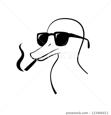 Minimalist black and white cartoon illustration of a cool duck wearing sunglasses and smoking a cigarette. Funny and stylish animal character with a confident attitude, ideal for logos, prints, and Minimalist black and white cartoon illustration of a cool duck wearing sunglasses and smoking a cigarette. Funny and stylish animal character with a confident attitude, ideal for logos, prints, and 123966811