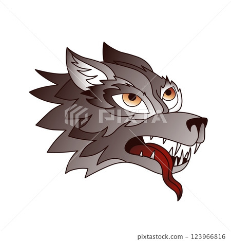 Fierce Wolf Head Illustration with Sharp Fangs and Red Tongue in Aggressive Expression Vector Animal Mascot Design for Logos, Emblems, and Tattoos Fierce Wolf Head Illustration with Sharp Fangs and Red Tongue in Aggressive Expression Vector Animal Mascot Design for Logos, Emblems, and Tattoos 123966816