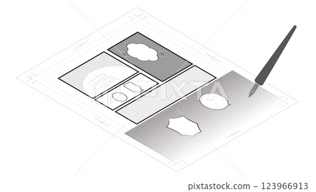 Isometric illustration of manga manuscript paper with frames and tones 123966913