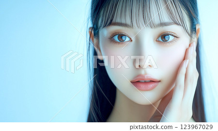 Beauty portrait of a young and pretty Asian female model with fair skin. Posing with hand on cheek, looking at camera. 123967029
