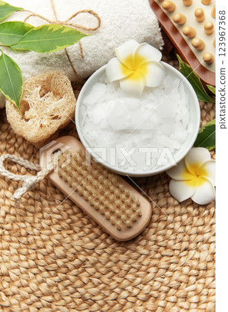 Spa composition promoting relaxation and self care with natural elements for body treatment 123967368