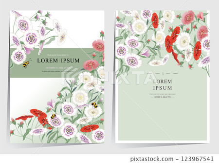 A Colorful Field of Blooming Dianthus Flowers. Vector illustration of template set in Minhwa, Korean Folk Painting Style A Colorful Field of Blooming Dianthus Flowers. Vector illustration of template set in Minhwa, Korean Folk Painting Style 123967541