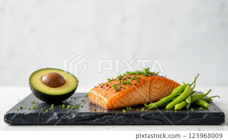 Fresh Salmon Slice on Black Lava Stone Tray with Avocado Sides 123968009
