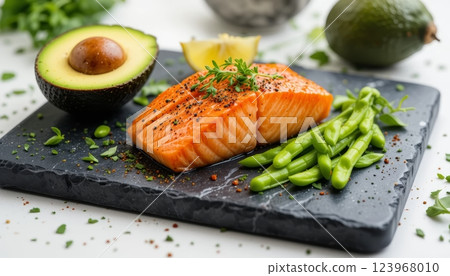 Fresh Salmon Slice on Black Lava Stone Tray with Avocado Sides Fresh Salmon Slice on Black Lava Stone Tray with Avocado Sides 123968010