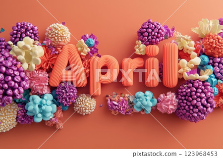 Bright and vibrant decorations feature the word April surrounded by an array of colorful, artistic flowers. This composition showcases the playful spirit of springtime. 123968453