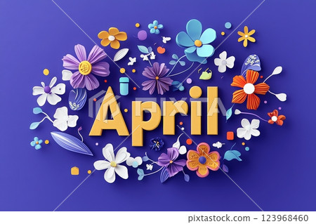 Bright flowers in various shapes and colors surround the word April. The design features a mix of textures and playful details on a deep blue background, celebrating springs arrival. Bright flowers in various shapes and colors surround the word April. The design features a mix of textures and playful details on a deep blue background, celebrating springs arrival. 123968460