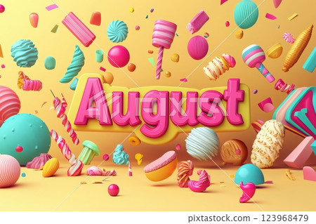 A bright and cheerful arrangement showcases various colorful sweets and candies surrounding the bold lettering of August. The playful composition evokes joy and celebration. 123968479