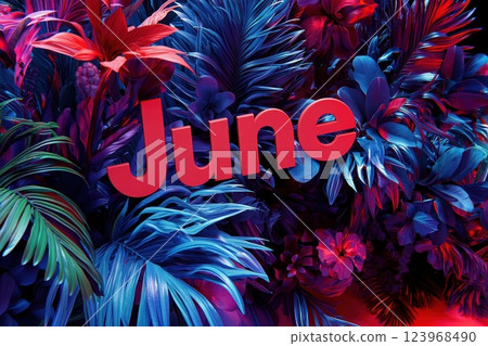 Vibrant foliage fills the background, showcasing lush tropical plants in dynamic colors. The word June stands out in bold lettering, adding a festive touch to the botanical scene. Vibrant foliage fills the background, showcasing lush tropical plants in dynamic colors. The word June stands out in bold lettering, adding a festive touch to the botanical scene. 123968490