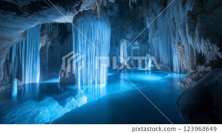 Mysteriously glowing stalactites in an underwater cave 123968649
