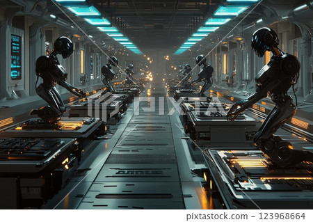 Multiple advanced robots are engaged in precise tasks within a sleek, illuminated laboratory. The environment features a modern design with glowing elements, highlighting their engineering. 123968664