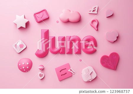 Bright pink decorations are arranged creatively around the bold lettering spelling June. Various shapes such as stars, hearts, and clouds add a playful touch. Bright pink decorations are arranged creatively around the bold lettering spelling June. Various shapes such as stars, hearts, and clouds add a playful touch. 123968737
