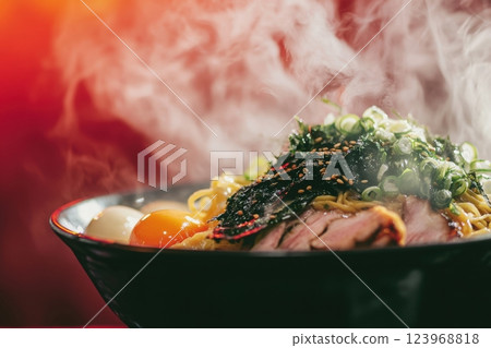 A steaming bowl of ramen sits on a table, topped with sliced meat, green onions, and nori. The rich broth and warm steam create an inviting atmosphere, perfect for enjoying a hearty meal. 123968818