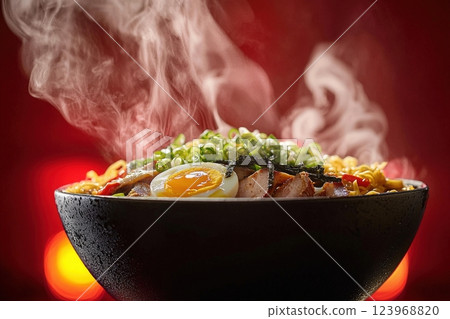 A rich bowl of ramen featuring tender noodles, slices of meat, a soft-boiled egg, and topped with fresh green onions. The warm colors create an inviting atmosphere, enhancing the culinary delight. 123968820