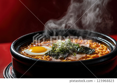 A bowl of ramen filled with steaming noodles, topped with a perfectly cooked egg, green onions, and seaweed. The vibrant red background enhances the appetizing look of the dish. 123968823