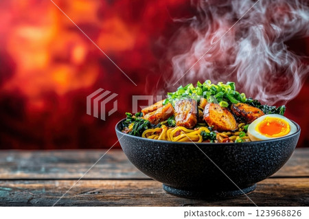A steaming bowl filled with noodles, topped with tender grilled chicken pieces, vibrant greens, and a perfectly soft-boiled egg. A steaming bowl filled with noodles, topped with tender grilled chicken pieces, vibrant greens, and a perfectly soft-boiled egg. 123968826