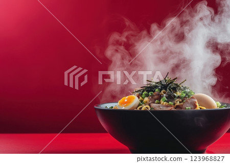 A vibrant and appetizing bowl of ramen features soft boiled eggs, sliced meat, and garnished with green onions and seaweed. Steam rises in a warm atmosphere created by the red background. A vibrant and appetizing bowl of ramen features soft boiled eggs, sliced meat, and garnished with green onions and seaweed. Steam rises in a warm atmosphere created by the red background. 123968827