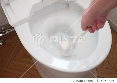 用刷子清潔馬桶 123968886