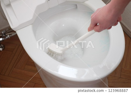 用刷子清潔馬桶 123968887