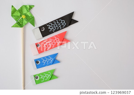 Origami carp streamers and windmills Origami carp streamers and windmills 123969037