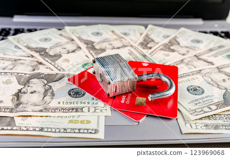 Close up of Padlock on top of credit card on dollar bills, Concept of credit card information theft. Padlock with credit card on top of dollars 123969068