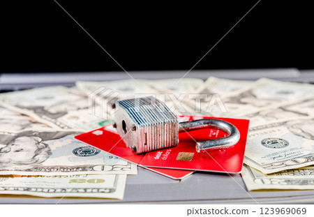 Padlock with credit card on top of dollars. Padlock on top of credit card on dollar bills, Concept of credit card information theft 123969069