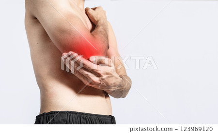 Person with elbow pain, concept of a man with rheumatism elbow pain, man massaging sore elbow, man with elbow cramp Person with elbow pain, concept of a man with rheumatism elbow pain, man massaging sore elbow, man with elbow cramp 123969120
