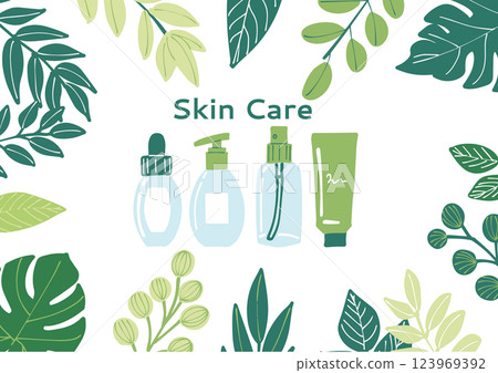 Illustrations promoting cosmetics and skin care products surrounded by leaves 123969392