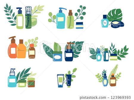 Illustration set of natural cosmetics with hand-drawn cosmetics and bottles decorated with leaves 123969393