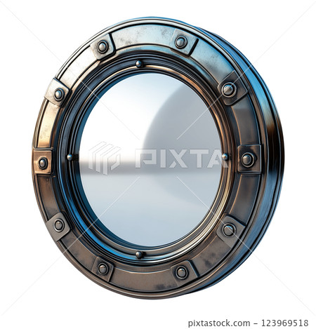Round metal porthole window isolated on a transparent background. Nautical ship porthole with a reflective glass surface and metallic rivets 123969518