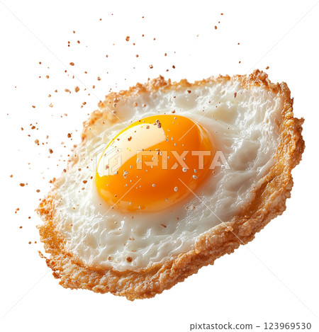 Crispy fried egg with golden yolk isolated on a transparent background. A flying egg with a crispy crust and flying crumbs. 123969530