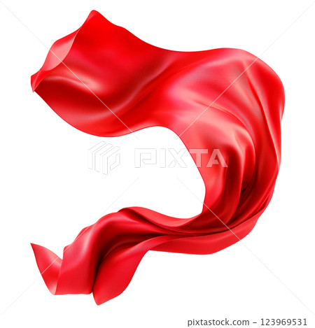 Red satin ribbon twisting in the air isolated on a transparent background. Flowing silk tape with smooth curves and folds. 123969531