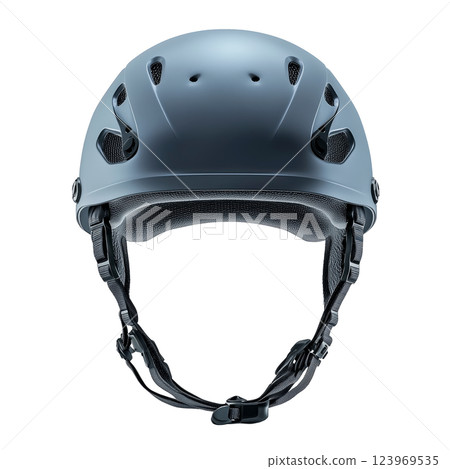 Dark blue sports helmet isolated on a transparent background. Modern protective headgear with adjustable straps and ventilation holes, designed for cycling, skateboarding, and extreme sports. 123969535