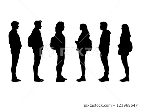 Vector silhouettes of men and women, a group of standing professionals, side view, black and white color isolated on a white background. 123969647