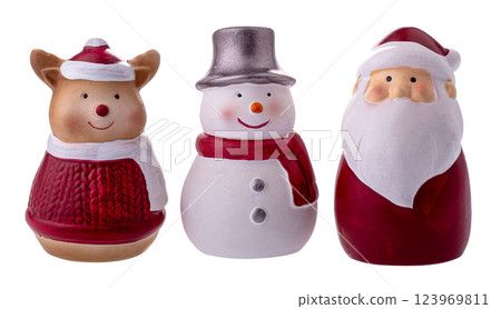Snowman dolls, Santa Claus dolls, and teddy bears for Christmas decorations isolated on a white background Snowman dolls, Santa Claus dolls, and teddy bears for Christmas decorations isolated on a white background 123969811